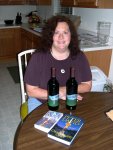 Cynthia's presents, opened (Cynthianna wine, and 2 Peter David books)