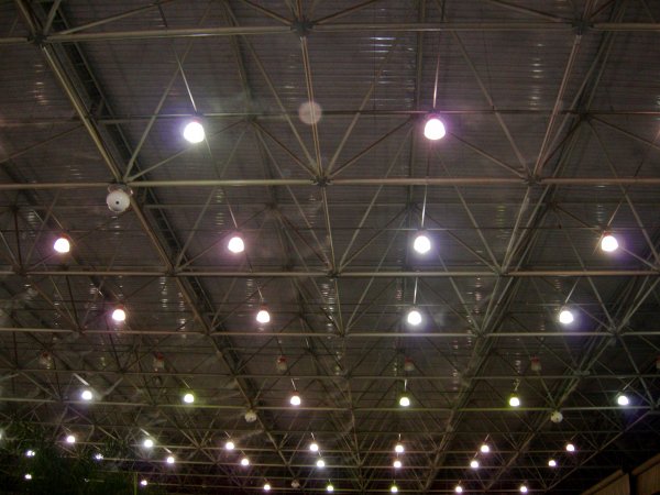 very high, warehouse-like ceiling, with misting jets