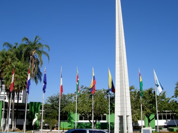 center of South America and flags of the South American countries
