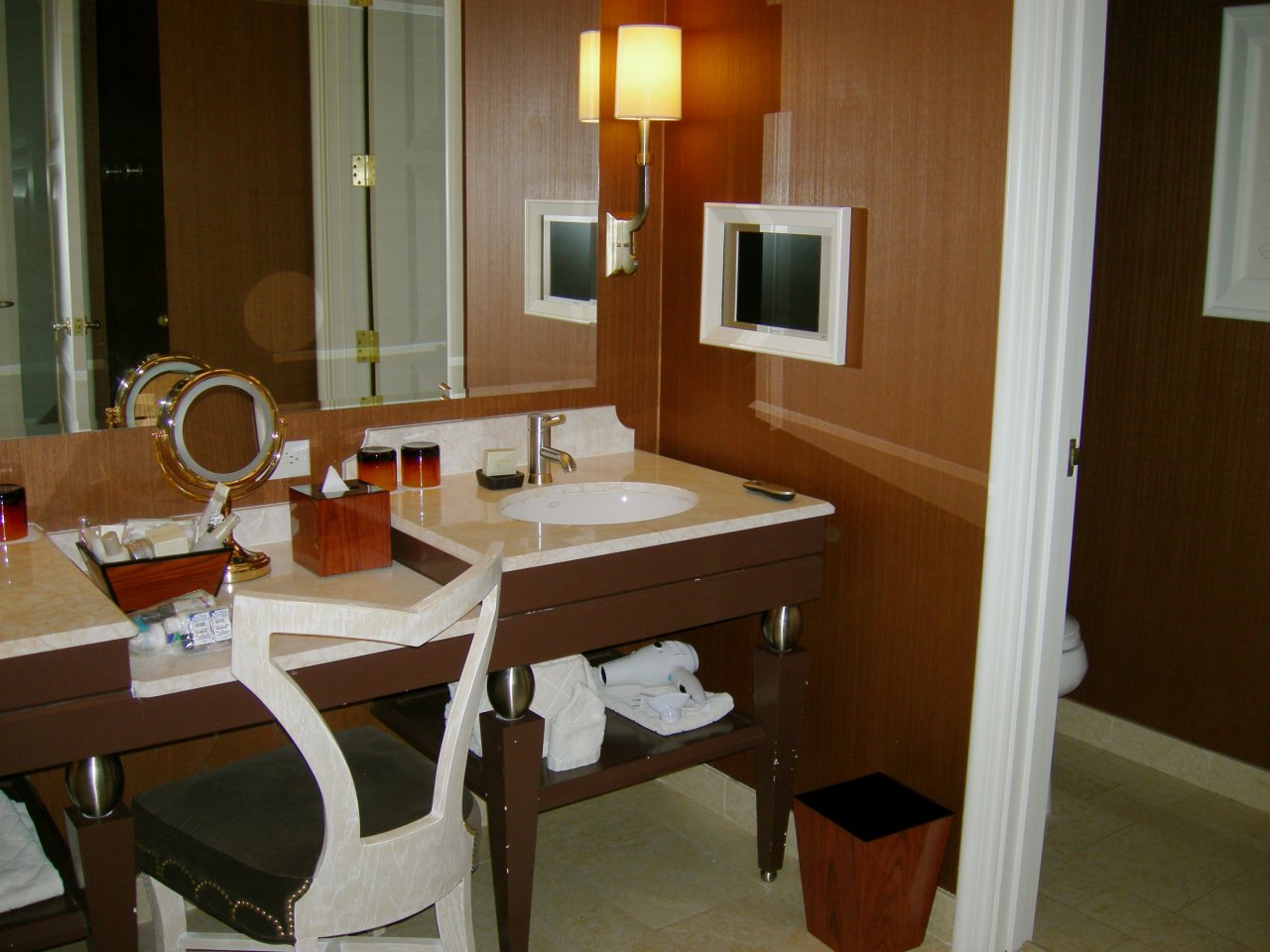 Wynn hotel room: decked out vanity, and TV in the bathroom