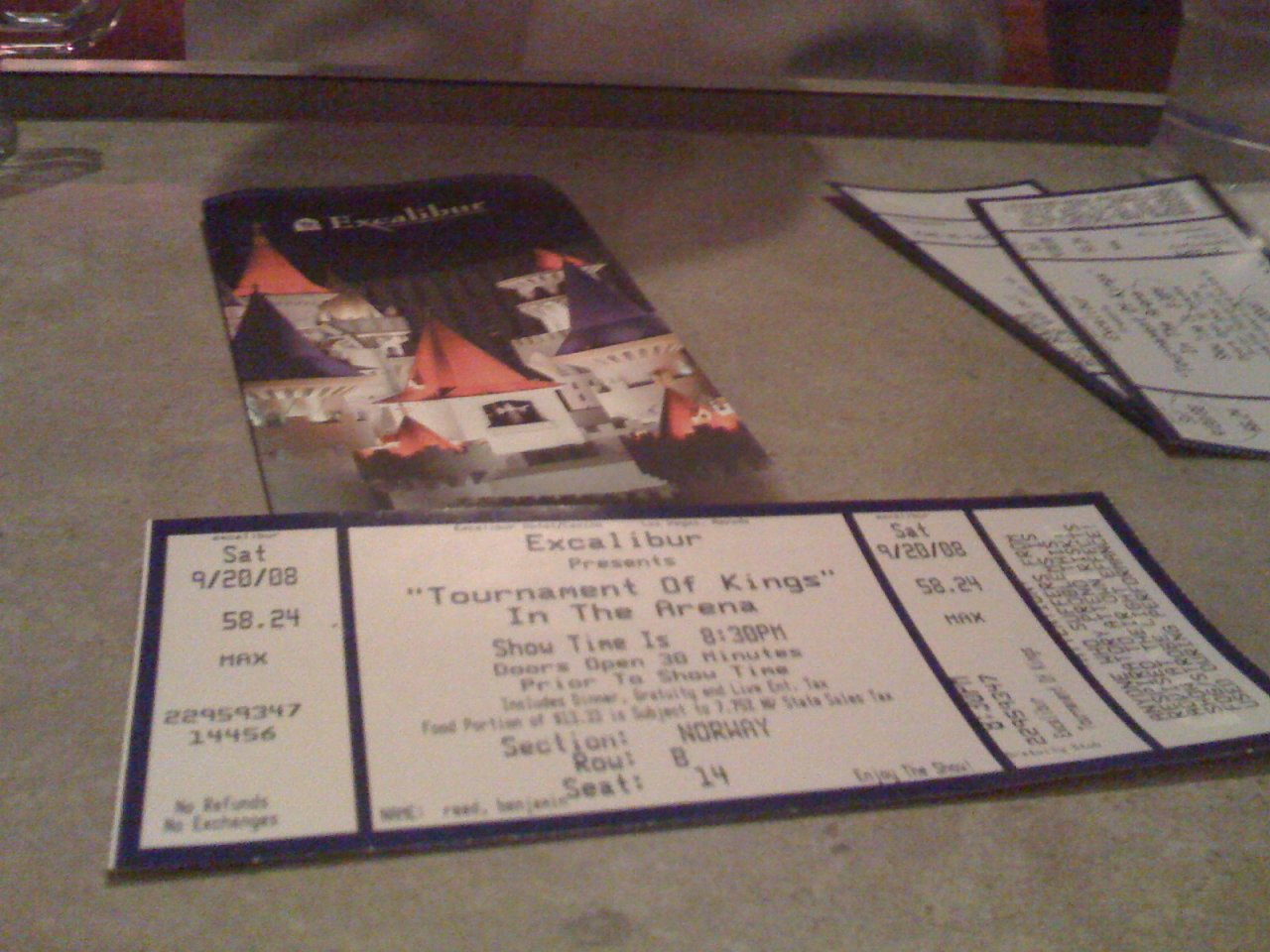 Excalibur: Tournament of Kings ticket (cheesy!)