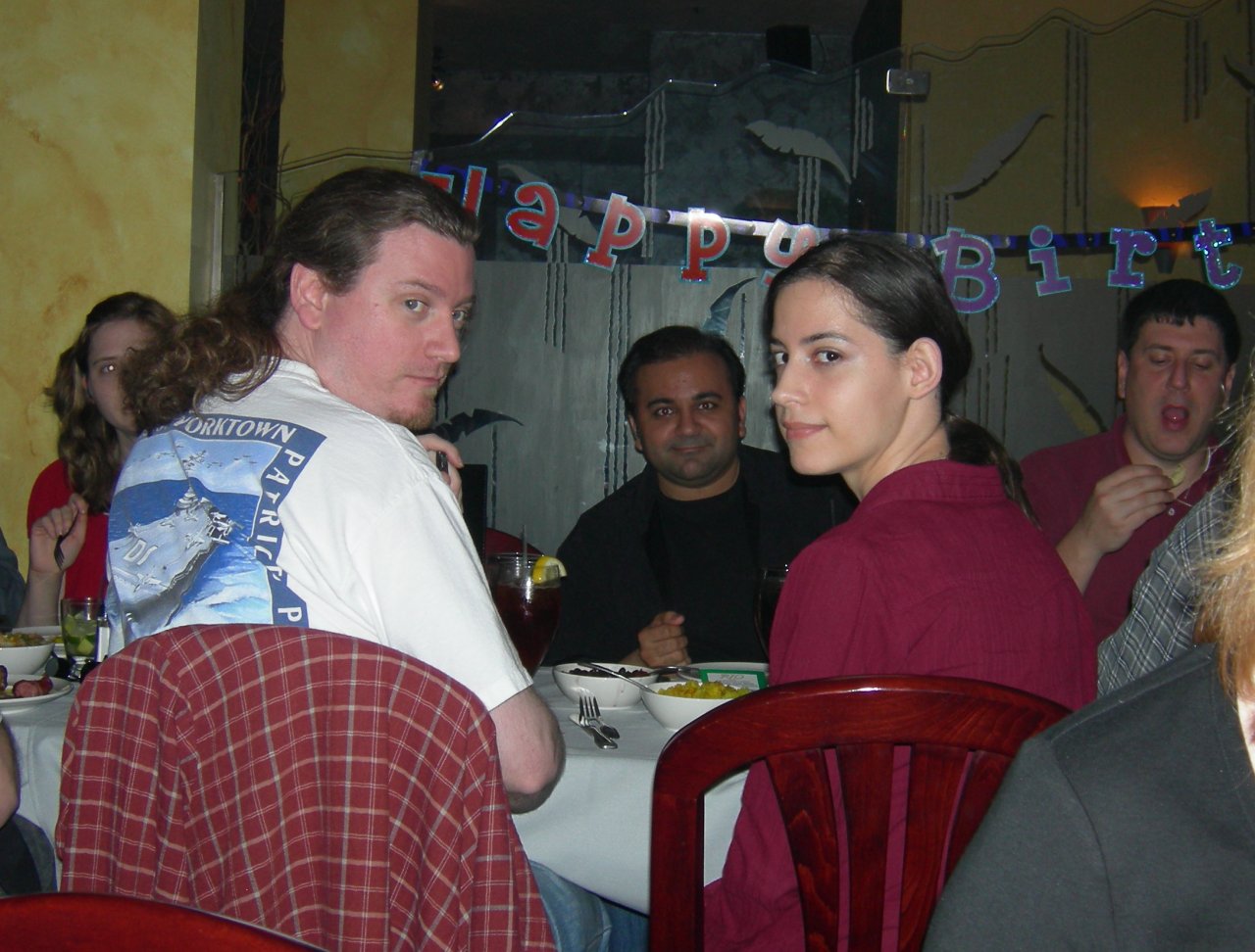 Cam and Holly (Nitin in the background, and, well, that's Tarus eating, or talking.  Probably talking. <grin>)
