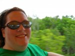 Cynthia, on the bumpy ride to the lighthouse.