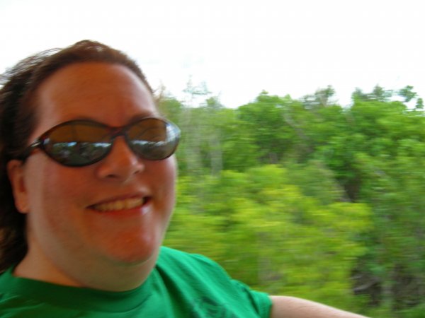 Cynthia, on the bumpy ride to the lighthouse.