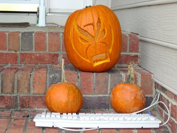Strong Bad pumpkin in daylight (carved by Ben)