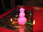Putty snowman is surprised that he's on fire.