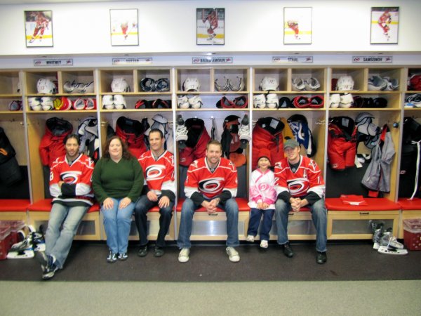 Matt Cullen, Cynthia, Stephan Yelle, Aaron Ward, Stephanie, and Eric Staal
