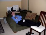 Lumberg is crashed on the couch after working all weekend