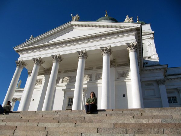 Cynthia in front of the Helsinki Cathedral.