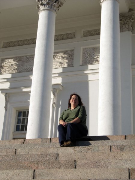 Cynthia in front of the Helsinki Cathedral.
