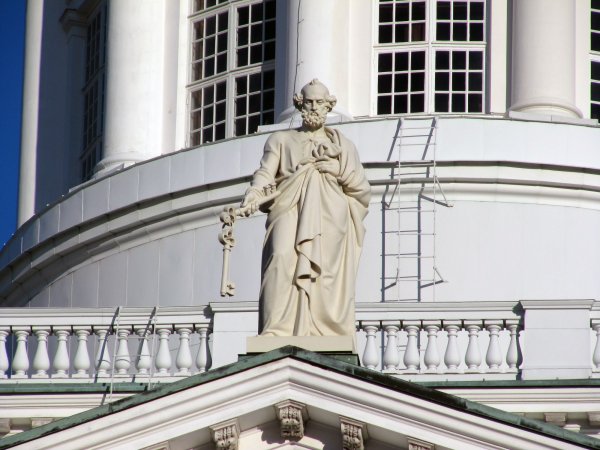 One of the statues on the West side of Helsinki Cathedral.