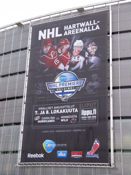 the NHL Premiere Helsinki banner outside of Hartwall Areena