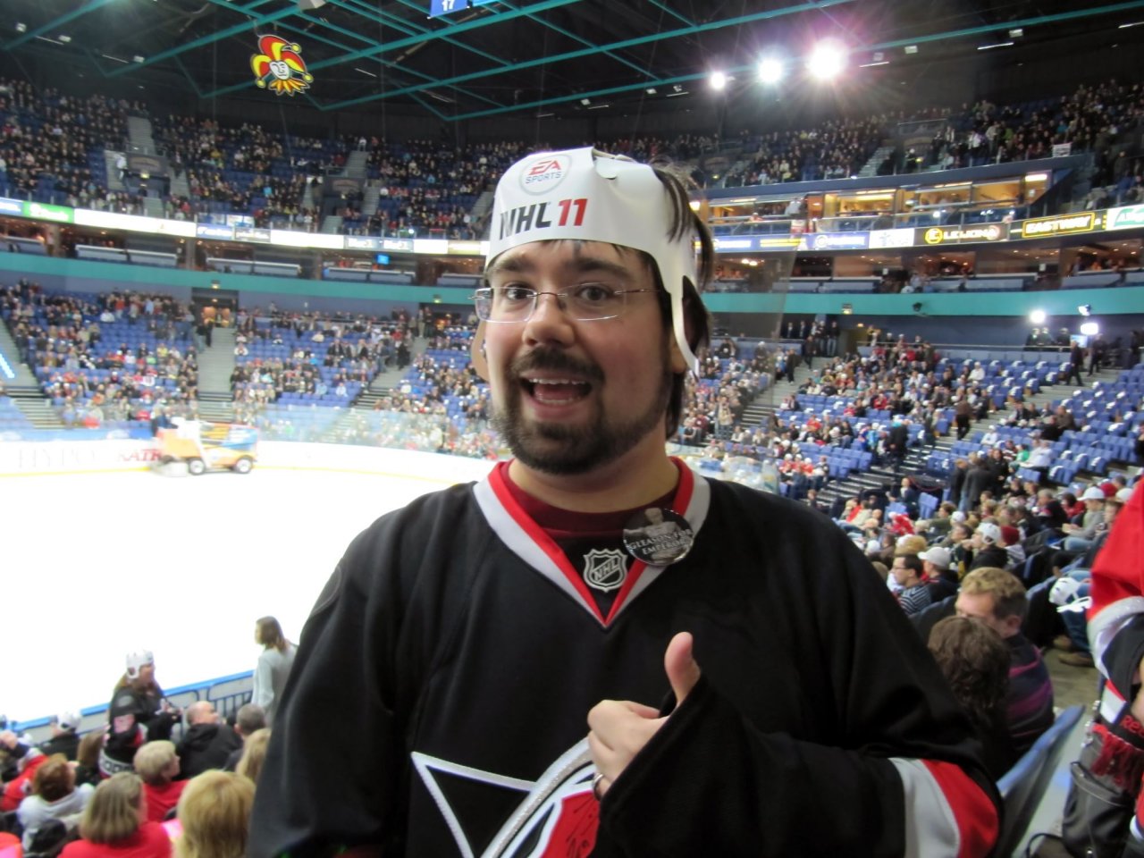 Ben posing in his NHL 11 helmut and Gleason For Emperor pin