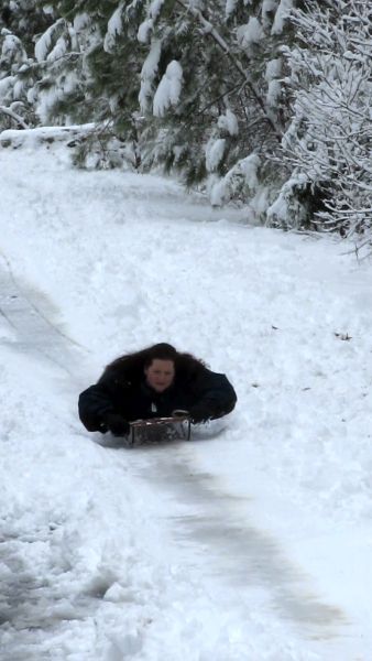 Cynthia going head-first down the hill
