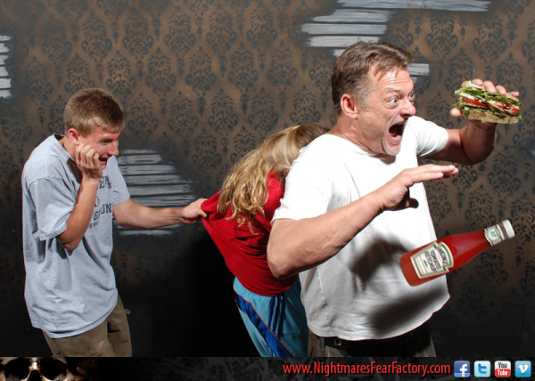 He's so scared, he dropped his ketchup bottle!