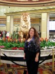 Cynthia by the lion in the MGM Grand lobby