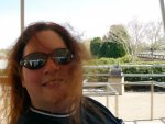 Cynthia on the tram from the Germany parking lot