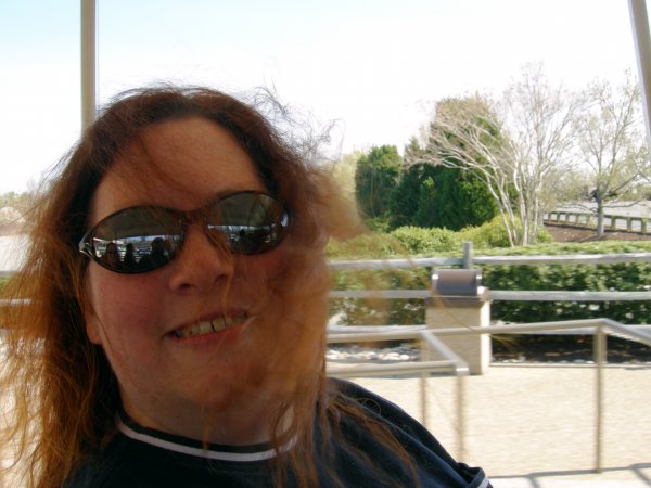 Cynthia on the tram from the Germany parking lot
