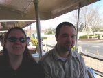 Mette and Seth on the tram from the Germany parking lot